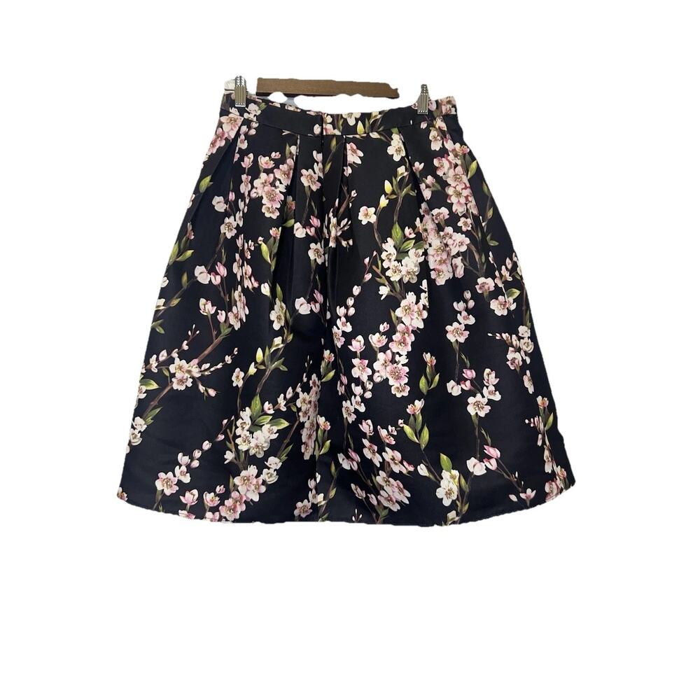 Alya Women’s Cherry‎ Blossom Size L A Line Black Pleated Mid Length Floral Skirt - Picture 2 of 8
